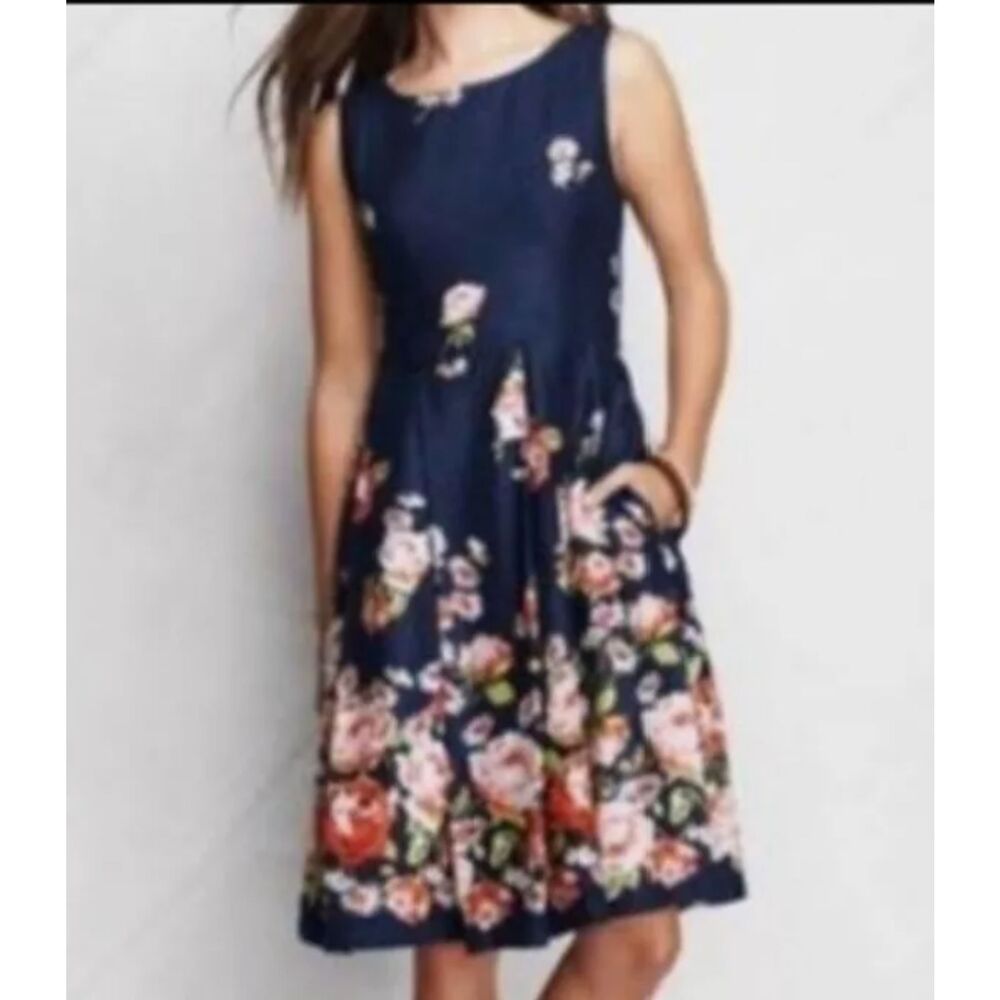 Lands End Blue Floral 100% Linen Garden Print Sleeveless Dress Size 14 Petite